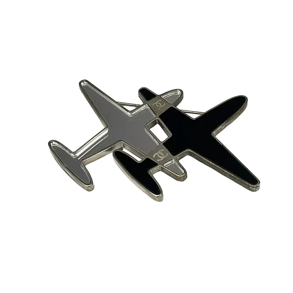 Chanel Brooch Silver Black Hardware Glass